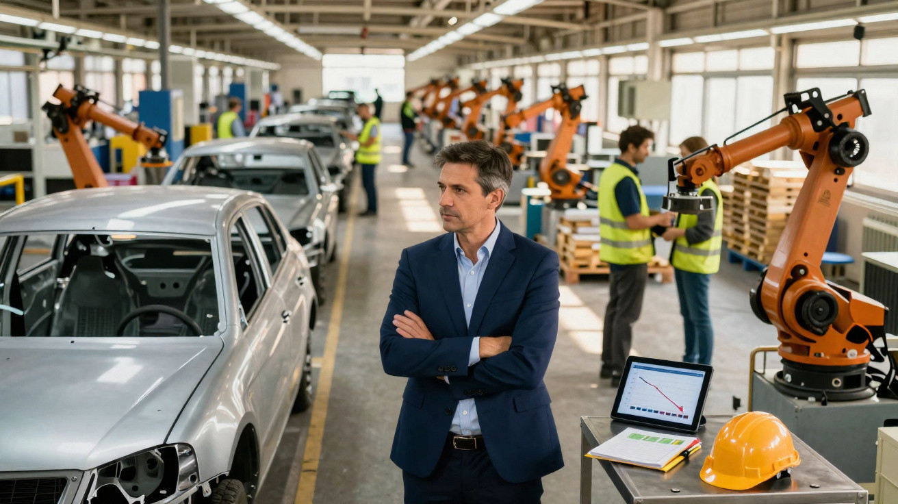 Mann in Anzug beobachtet Automobilroboter in moderner Autofabrik mit Industriearbeitern im Hintergrund.