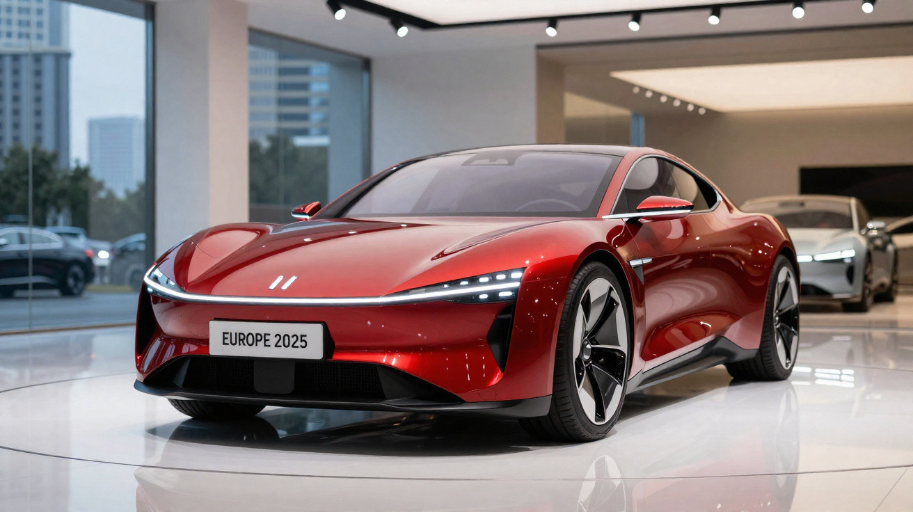 Roter Elektro-Sportwagen mit schmalen LED-Scheinwerfern und „EUROPE 2025“ Nummernschild in hellem Showroom.