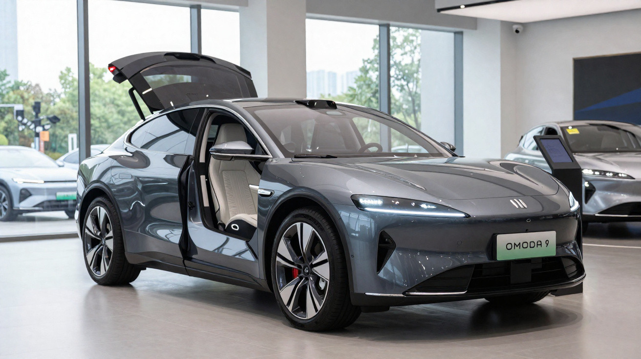Graues Elektroauto Omoda 9 mit geöffneten Türen in hellem Showroom, moderne Fahrzeuge im Hintergrund.