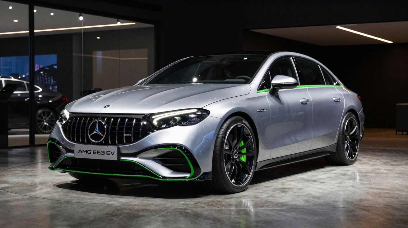 Silberner Mercedes AMG E63 EV mit grünen Akzenten in moderner, dunkler Ausstellungsumgebung.