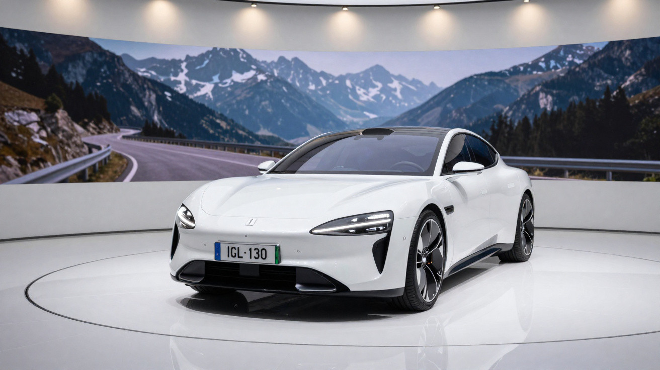 Weißes Elektroauto auf Drehplattform vor großer Berglandschaft mit kurviger Straße im Hintergrund