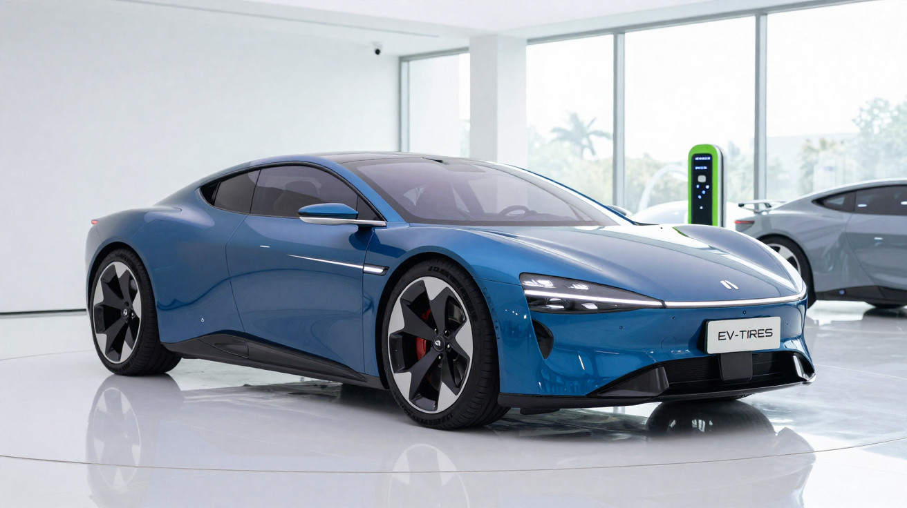 Blauer, futuristischer Elektro-Sportwagen in einem modernen Ausstellungsraum neben Ladestation.