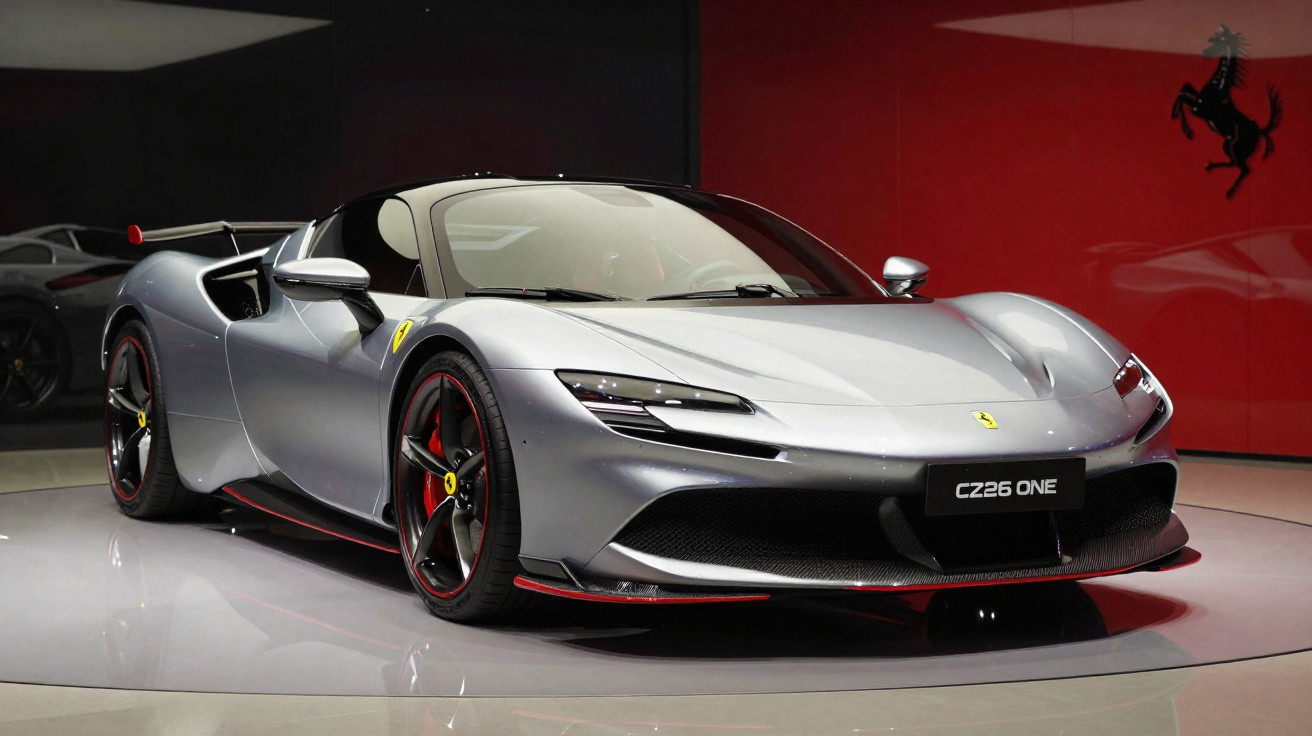 Silberner Ferrari Sportwagen mit rotem Akzent und schwarzem Ferrari-Logo auf roter Wand im Ausstellungsraum.