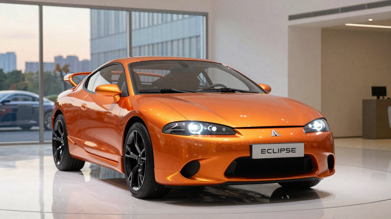 Oranger Mitsubishi Eclipse Sportwagen in moderner Ausstellungshalle mit eingeschaltetem Scheinwerfer.