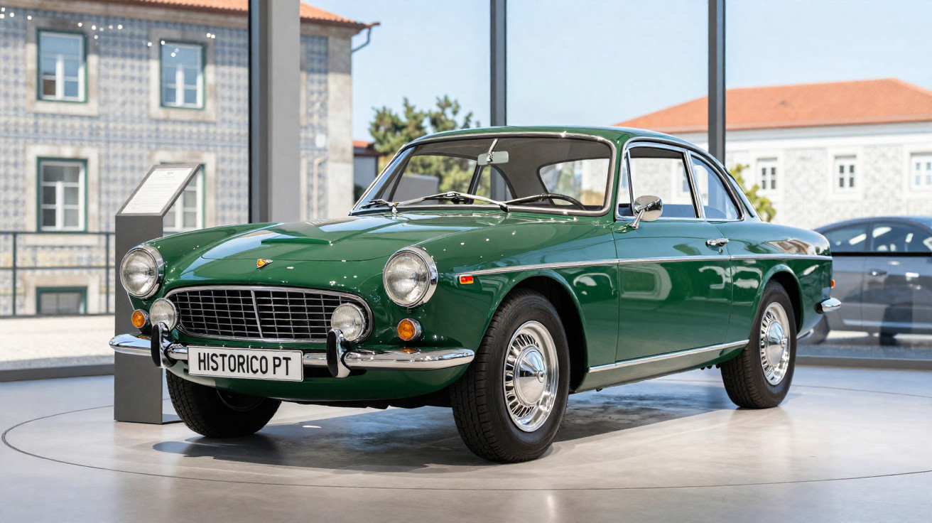 Grünes klassisches Coupé in einem modernen Ausstellungsraum mit großen Fenstern und Stadtblick.