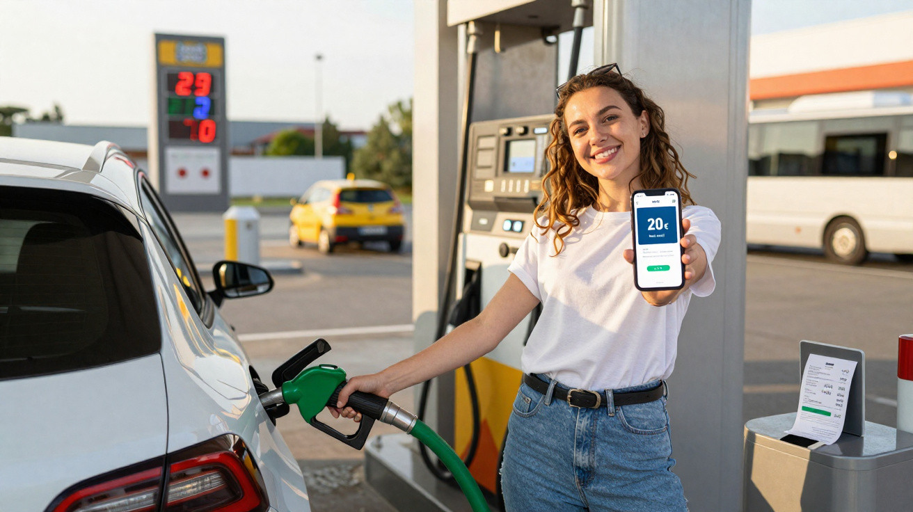 Frau tankt Auto und zeigt Smartphone mit digitaler Bezahlung an der Tankstelle bei Sonnenschein.