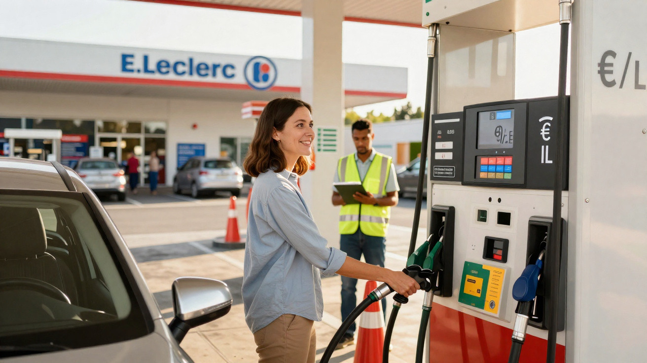 Frau tankt Auto an E.Leclerc-Tankstelle, Mann mit Sicherheitsweste und Tablet im Hintergrund.