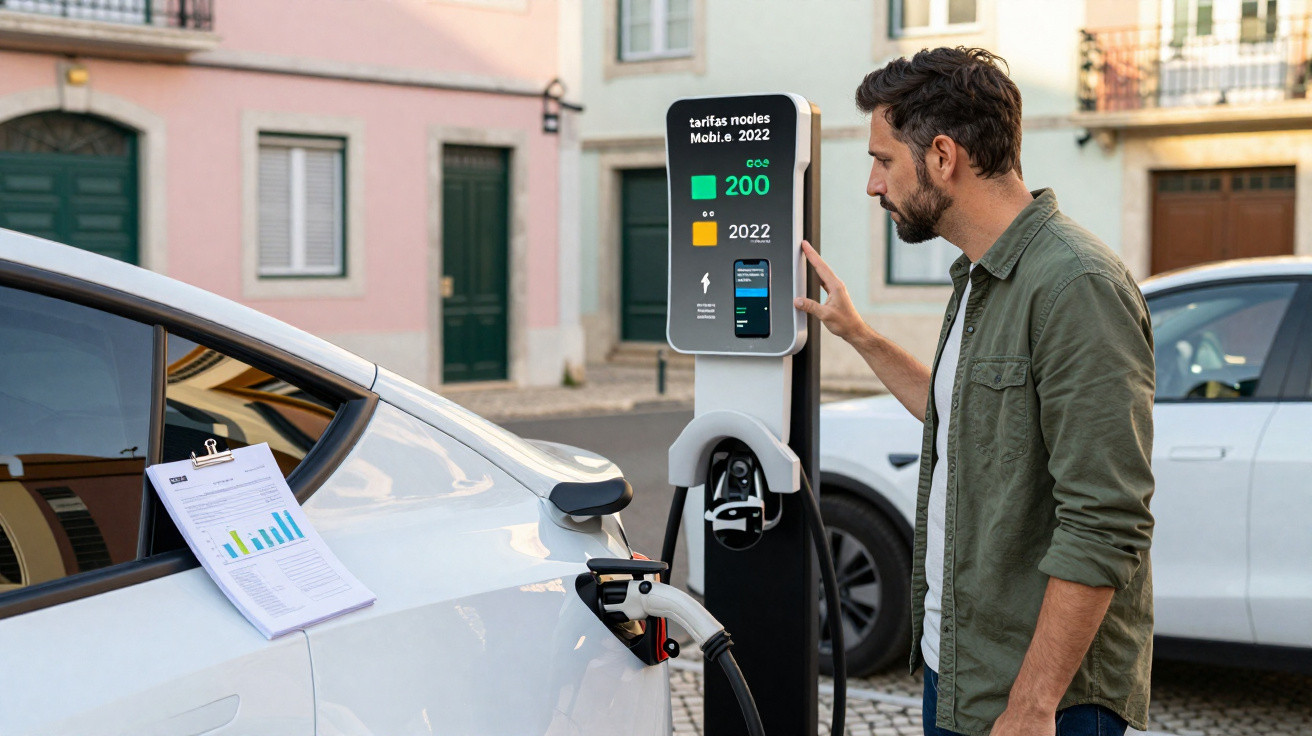 Mann bedient Ladestation an einem Elektroauto auf einem städtischen Parkplatz.