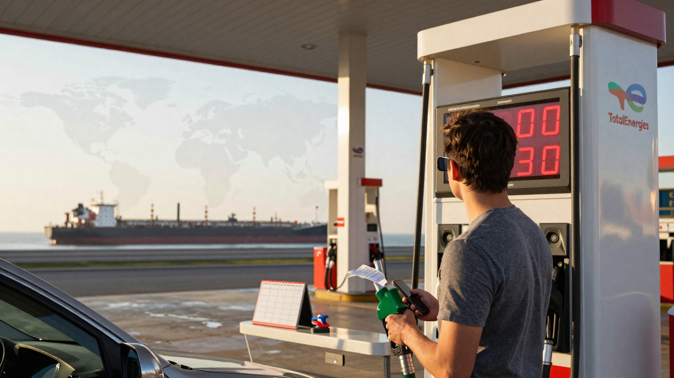 Mann tankt Auto an TotalEnergies-Tankstelle mit Frachtschiff im Hintergrund am Meer bei Sonnenuntergang