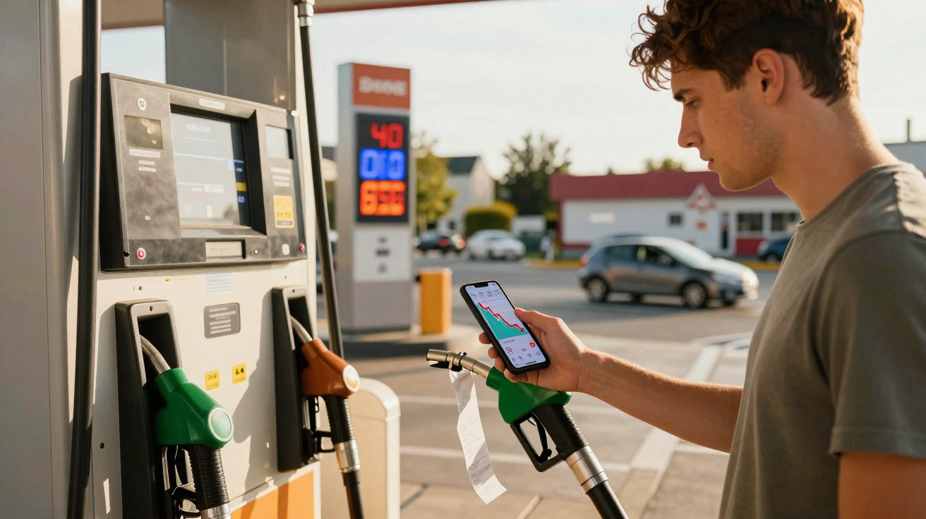 Junger Mann mit Smartphone hält Zapfpistole an einer Tankstelle, Preisanzeige im Hintergrund sichtbar.