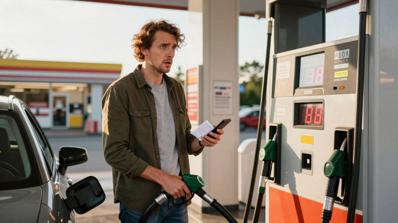 Mann tankt Auto an Zapfsäule und schaut besorgt auf das Preisschild an der Tankstelle.