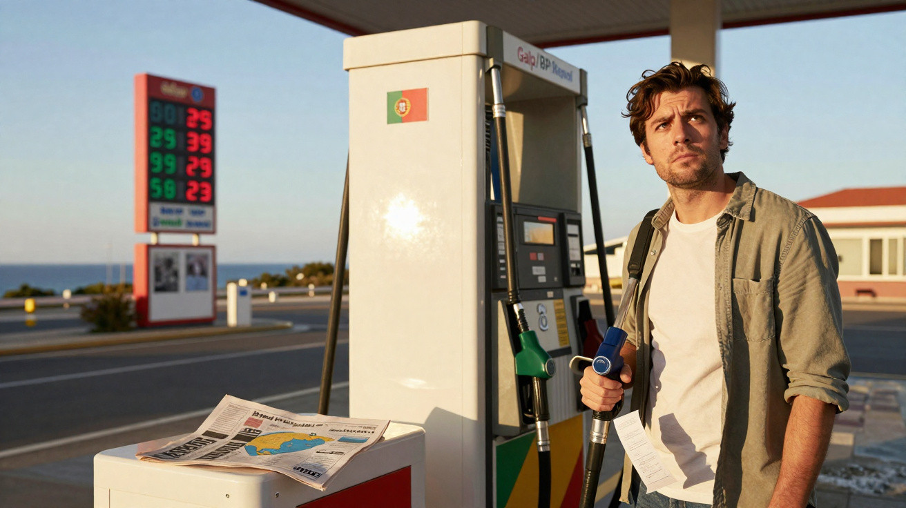 Mann an Tankstelle in Portugal hält Zapfpistole und Kassenzettel, Blick nach rechts, Zeitung auf Zapfsäule.