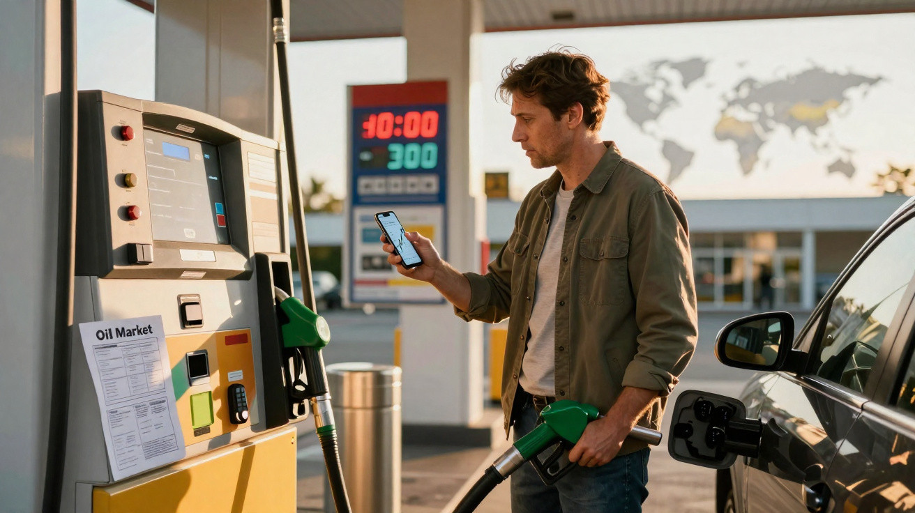 Mann steht an Tankstelle, hält Zapfpistole und schaut auf sein Smartphone neben einem schwarzen Auto.