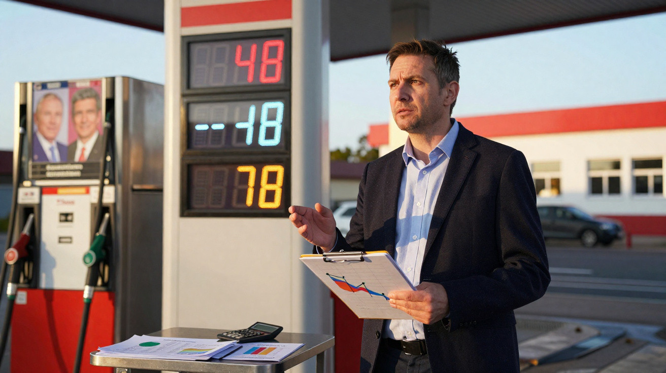 Mann mit Klemmbrett steht an Tankstelle neben Preisanzeige und Zapfsäulen im Hintergrund.