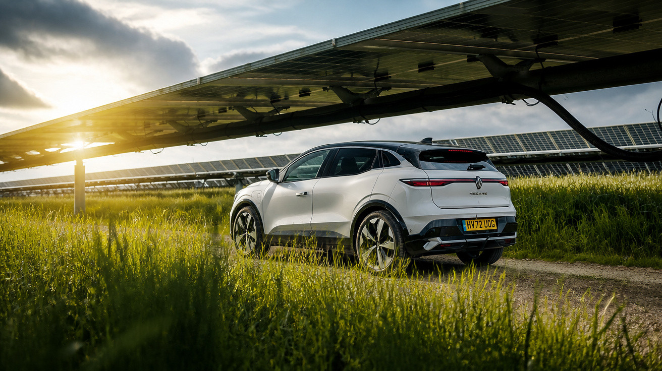 Weißes Elektroauto parkt auf Feldweg neben großen Solarpanels bei Sonnenuntergang.