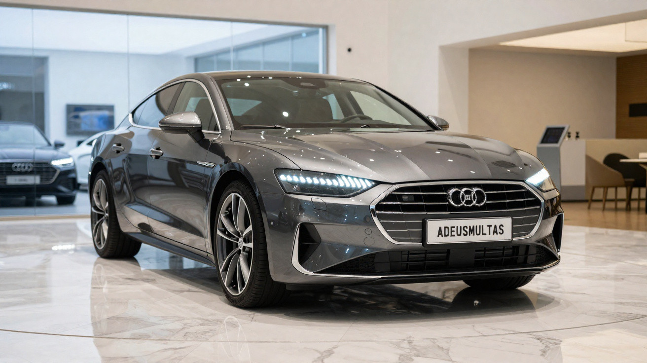 Graues Audi-Auto mit LED-Scheinwerfern steht in einem modernen, hellen Showroom auf glänzendem Marmorboden.