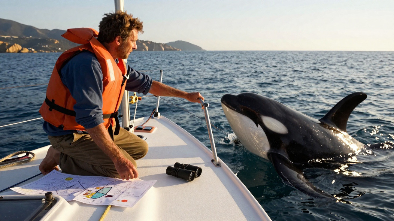 Mann mit Schwimmweste auf Boot, der eine Orca nahe am Bootssteg im ruhigen Meer beobachtet.
