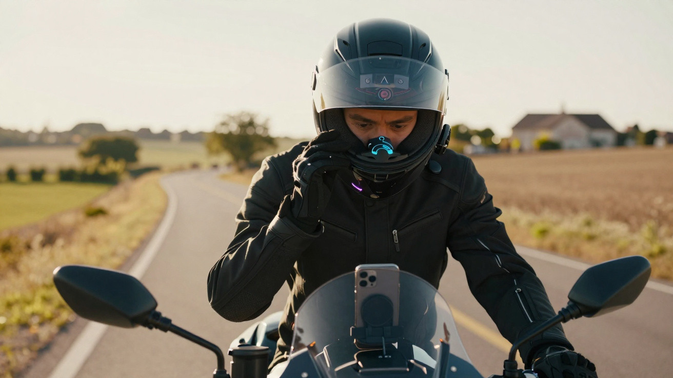 Motorradfahrer mit Helm und Handschuhen, der auf einem Landstraßenmotorrad ein Headset einstellt.