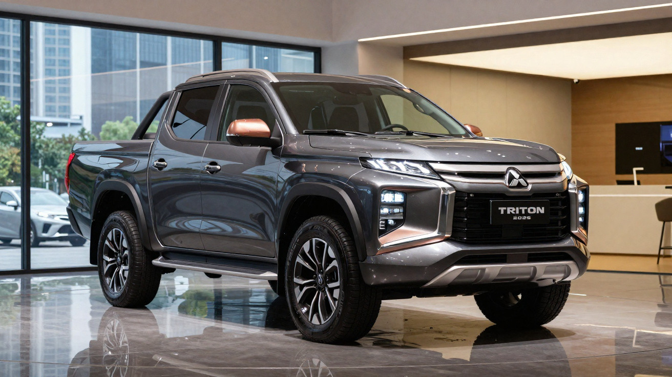 Grauer Mitsubishi Triton Pickup im modernen Showroom mit großen Fenstern und glänzendem Boden.