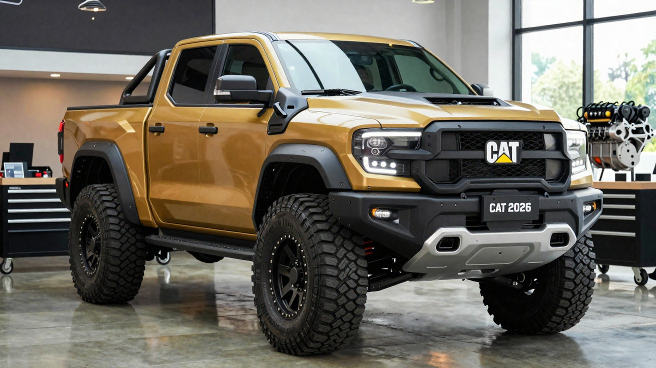 Gelber CAT 2026 Pickup mit großen Offroad-Reifen in moderner Garage mit Motor im Hintergrund.