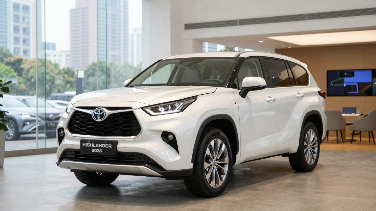 Weißer Toyota Highlander 2026 SUV in einem modernen Autohaus, Blick von vorne rechts.