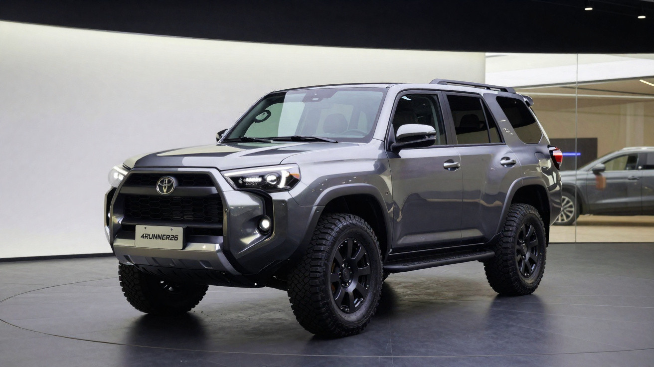 Grauer Toyota 4Runner SUV mit robustem Offroad-Design vor weißem Hintergrund in moderner Ausstellungshalle.
