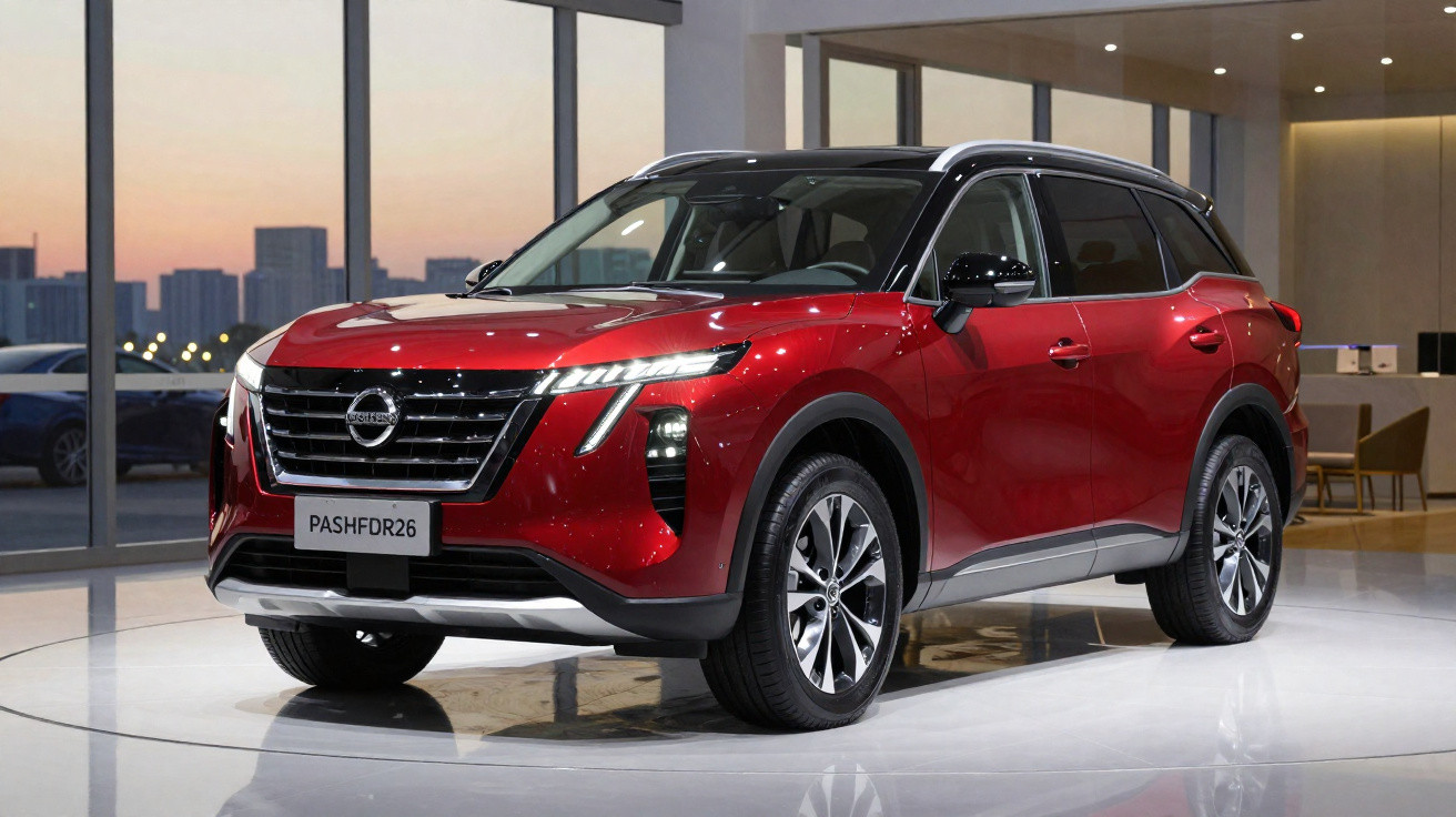 Rotes Nissan SUV-Modell in modernem Showroom bei Sonnenuntergang mit reflektierendem Boden und großer Fensterfront.