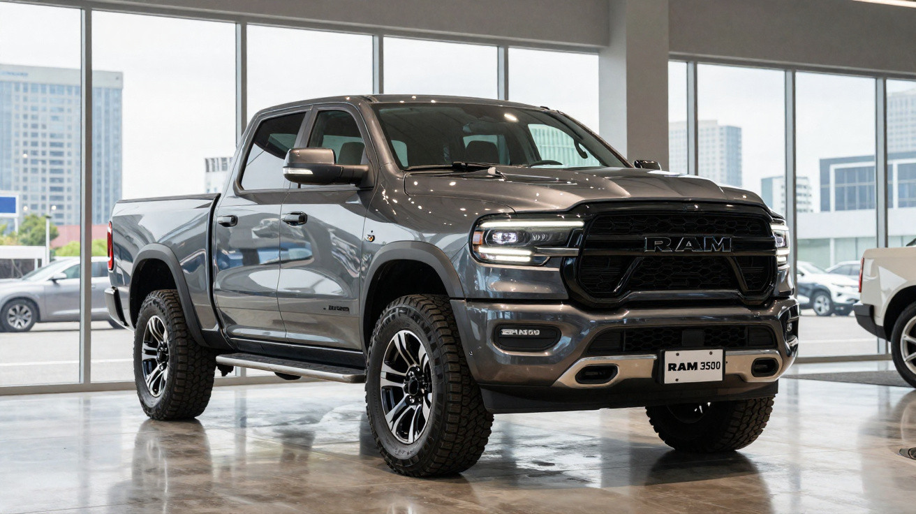 Grau-metallic RAM 3500 Pickup Truck in moderner Ausstellungshalle mit großem Fenster im Hintergrund.