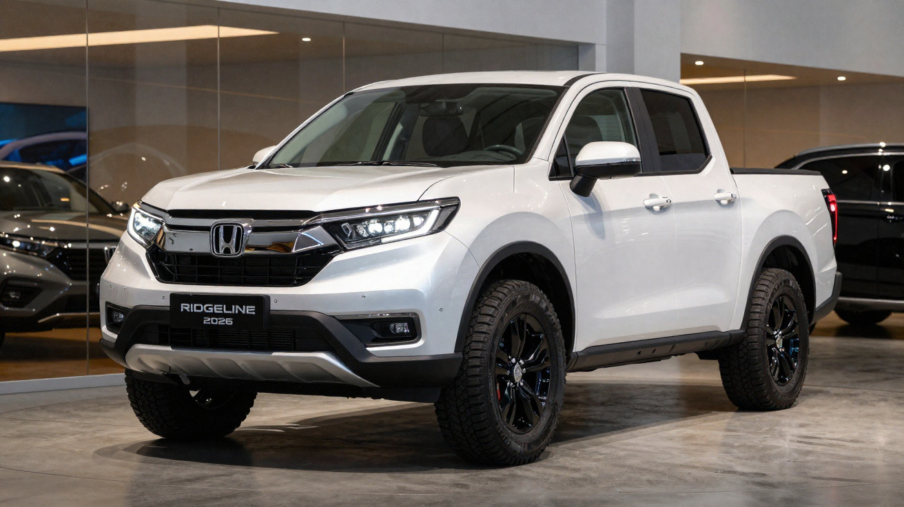 Weißer Honda Ridgeline Pickup 2026 im Ausstellungsraum mit schwarzem Kühlergrill und Offroad-Reifen.