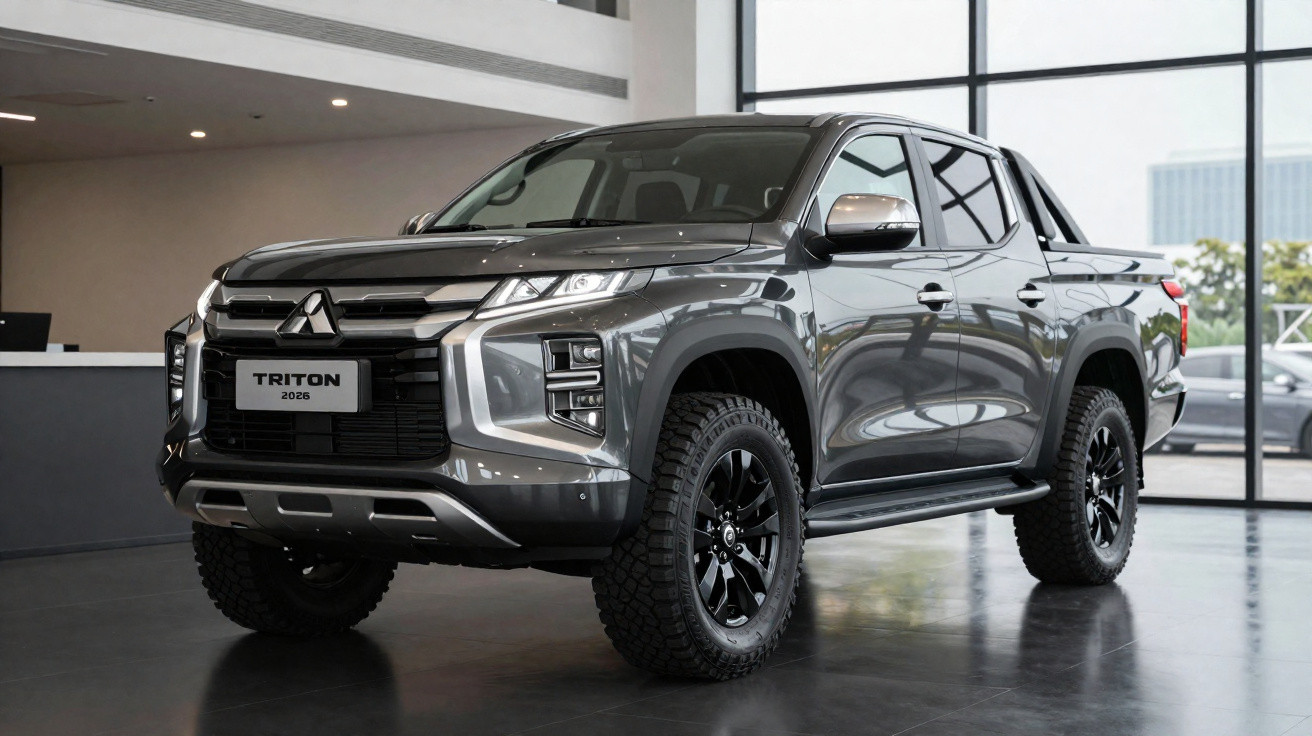 Grauer Mitsubishi Triton 2023 Pickup mit schwarzem Grill und Offroad-Reifen in modernem Showroom.