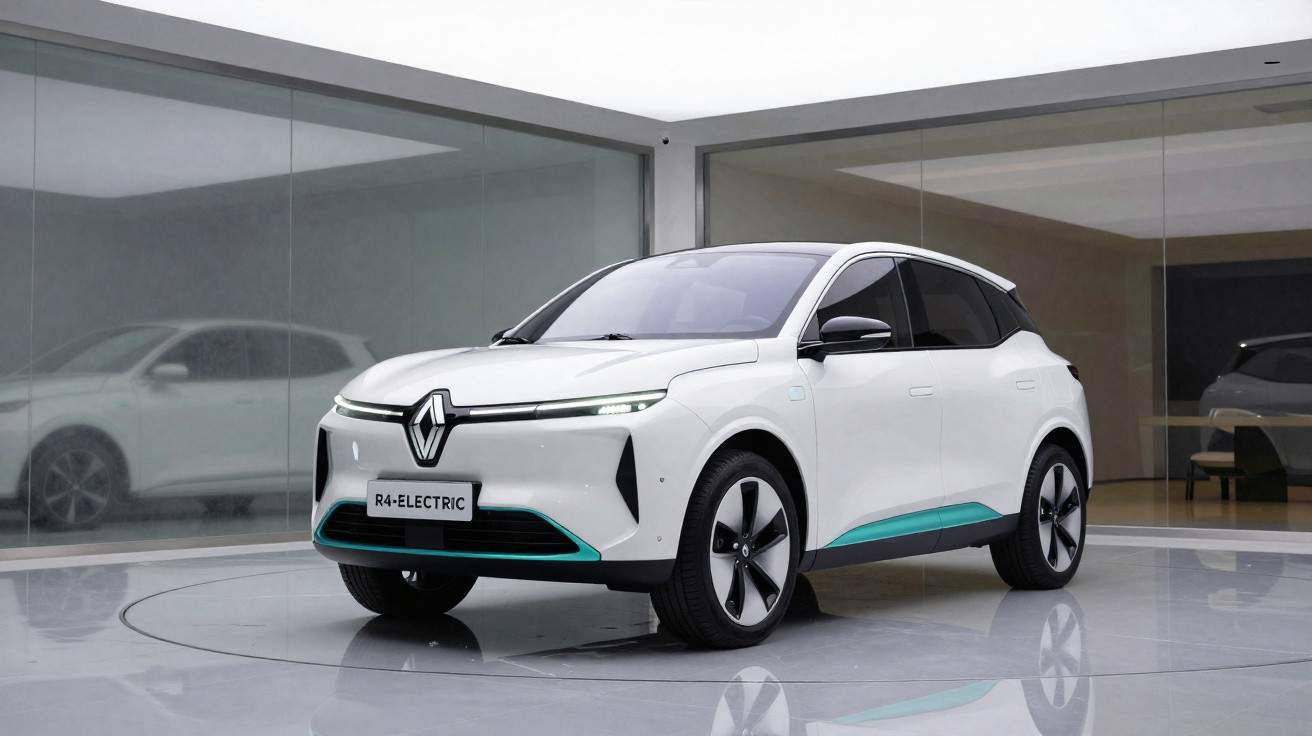 Weißer Renault R4-Electric Elektro-SUV steht in modernem Ausstellungsraum mit Glaswänden.