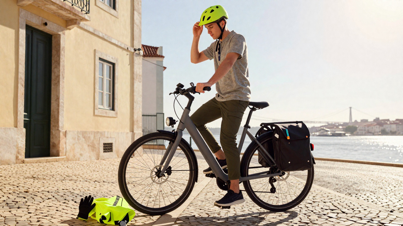 Mann mit grünem Helm auf E-Bike am Wasser, legt Helm ab, Schutzweste und Handschuhe auf Boden.