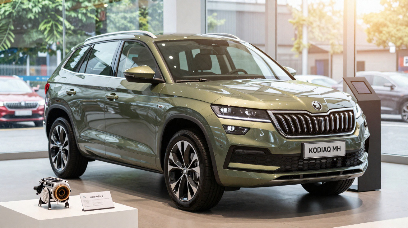Grüner Škoda Kodiaq MH SUV im Autohaus vor großen Fensterflächen und Info-Tafeln.