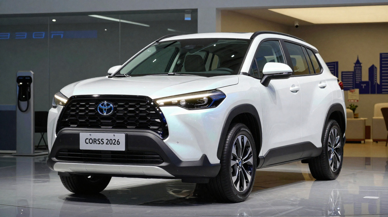 Weißer Toyota Corss 2026 SUV in Ausstellungshalle mit modernem Design und großen Felgen.