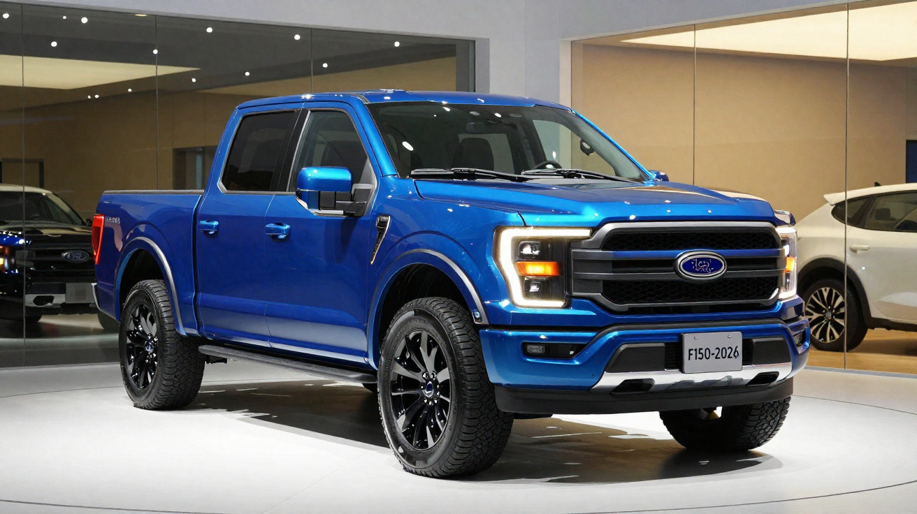 Blauer Ford F-150 Pickup Truck in moderner Ausstellung mit schwarzen Felgen und LED-Scheinwerfern.