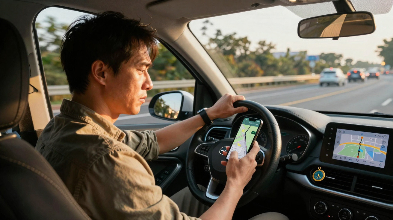 Mann benutzt Handy zur Navigation im Auto während er auf der Straße fährt.