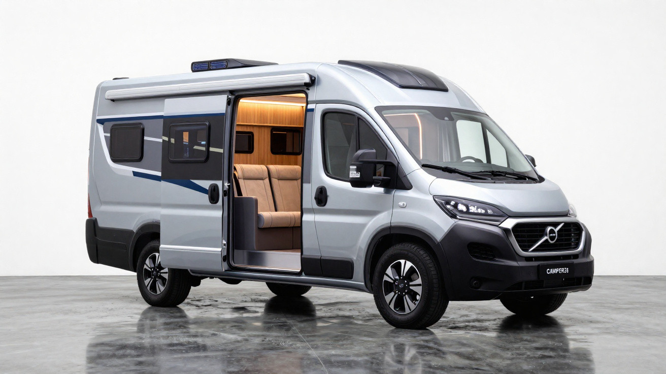Moderner grauer Camper-Van mit geöffneter Schiebetür und sichtbarem Innenraum mit Sitzbank.