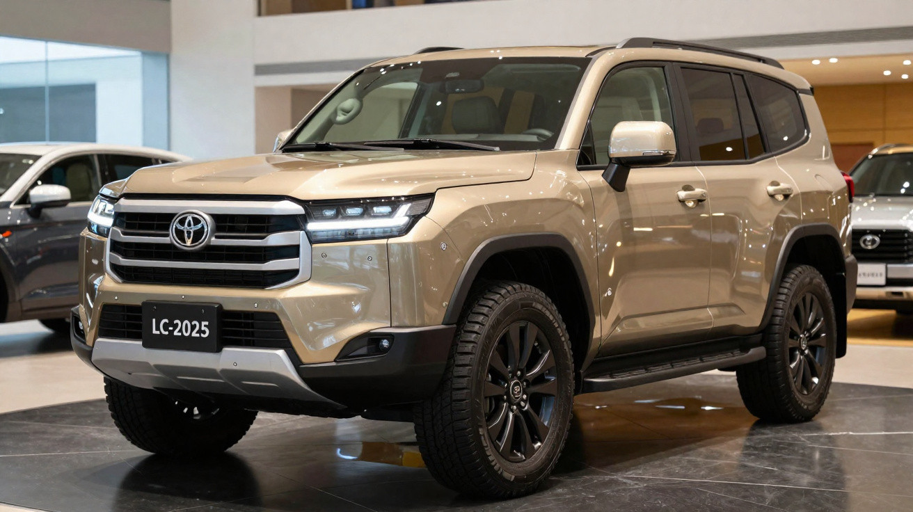 Beiger Toyota Land Cruiser LC-2025 SUV in einem Autohaus mit schwarzen Felgen.