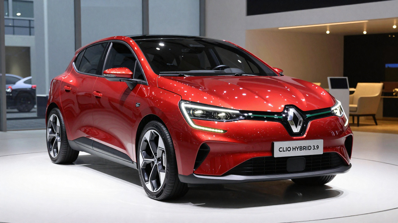 Roter Renault Clio Hybrid 3.9, modernes Kompaktwagenmodell, in Innenraumumgebung auf weißem Boden stehend.