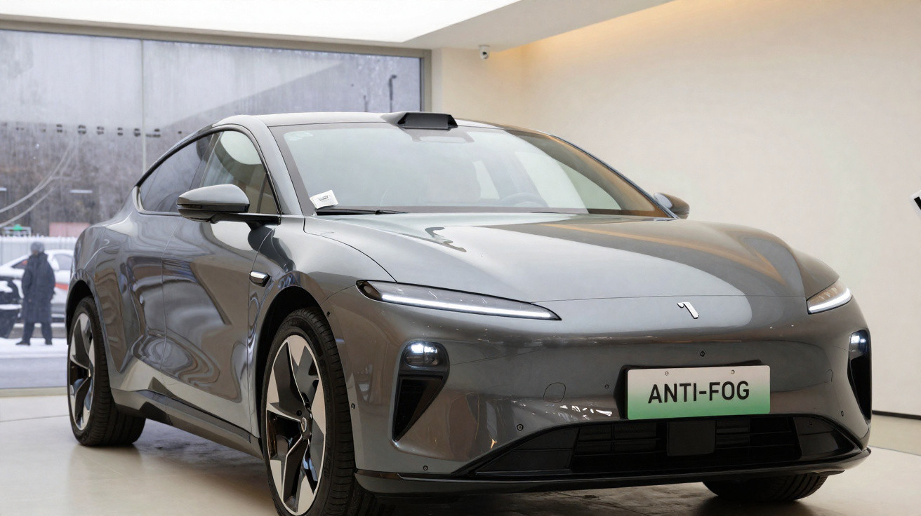 Modernes silbernes Elektroauto mit schmalen Scheinwerfern und Anti-Fog-Kennzeichen im hellen Showroom.