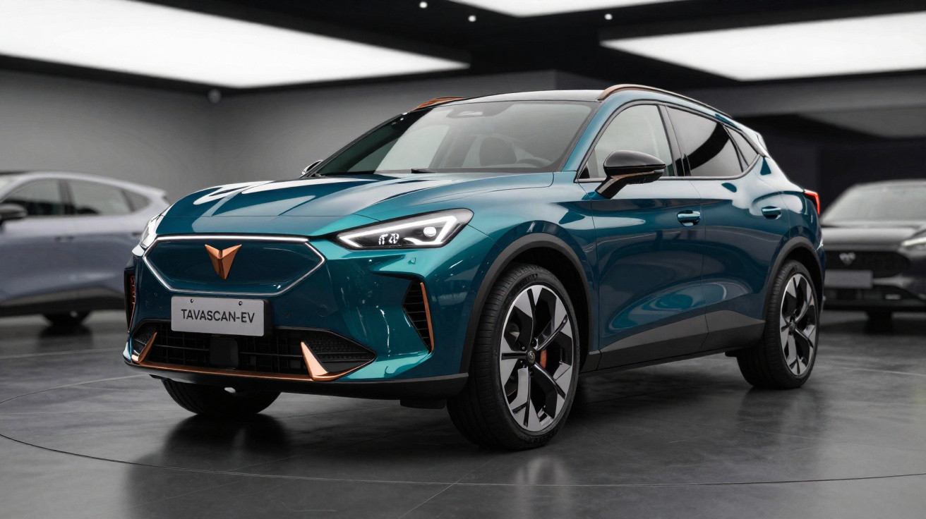 Blau-grüner CUPRA Tavascan-EV Elektro-SUV in Ausstellung mit schwarzen Details und LED-Scheinwerfern.