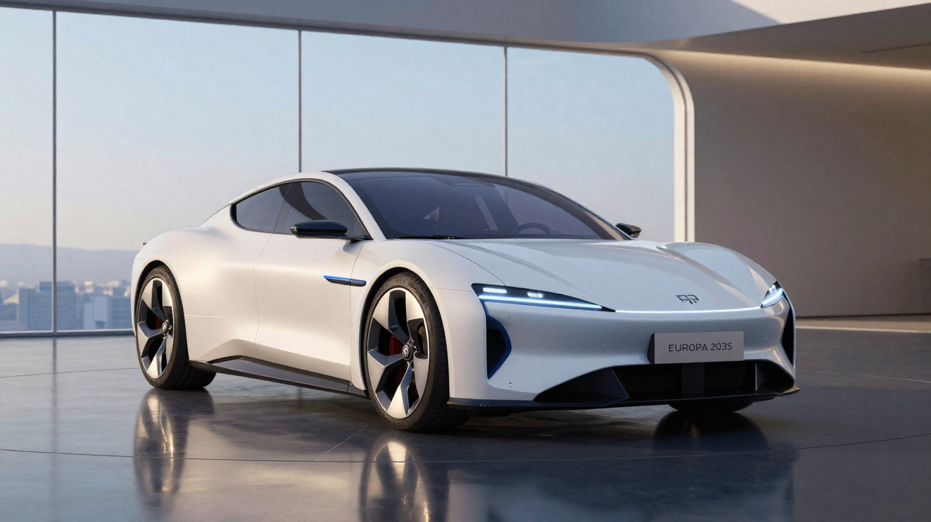Weißes, futuristisches Elektroauto in modernem Raum mit großer Glasfront und Skyline im Hintergrund