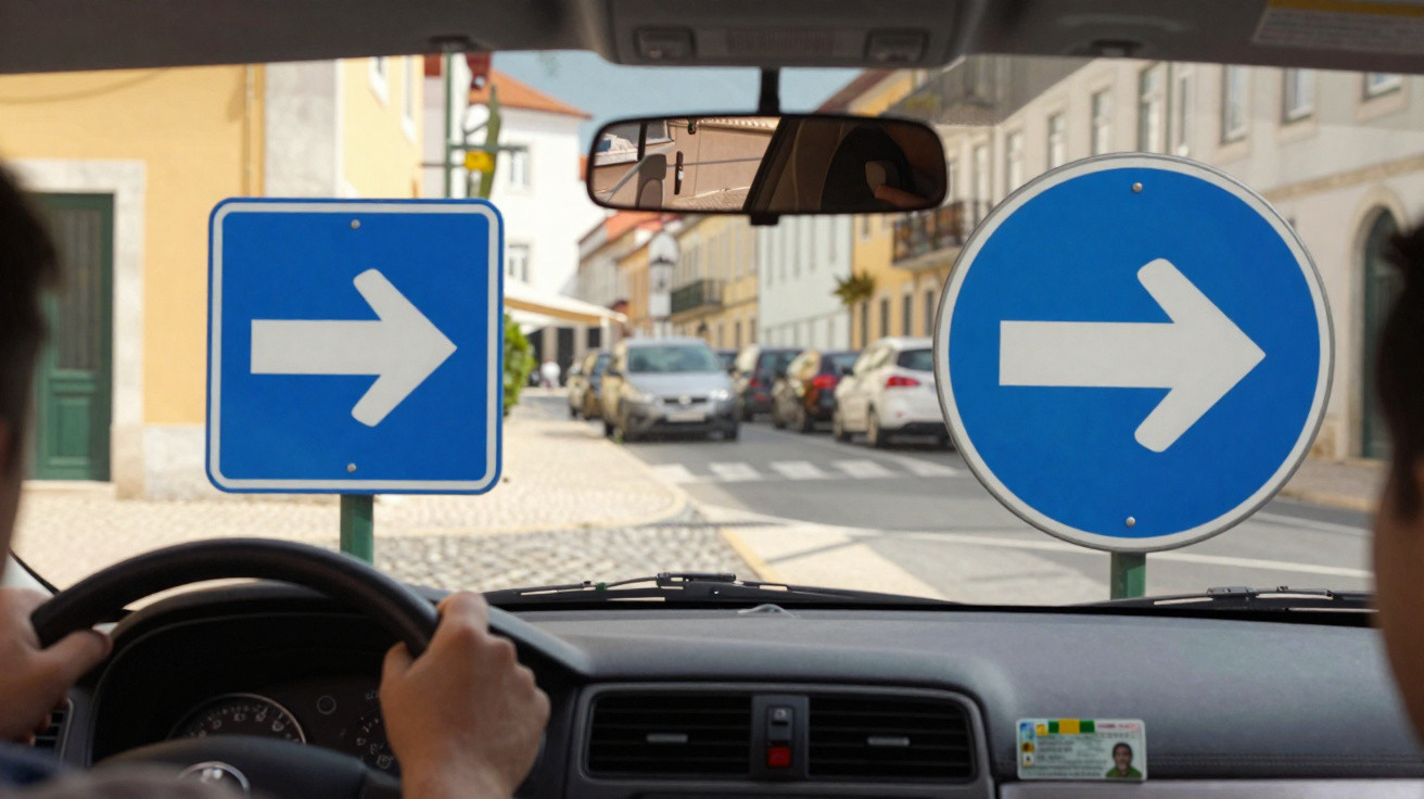 Blick aus dem Auto auf zwei blaue Verkehrsschilder mit rechtsweisendem Pfeil in einer Stadtstraße.