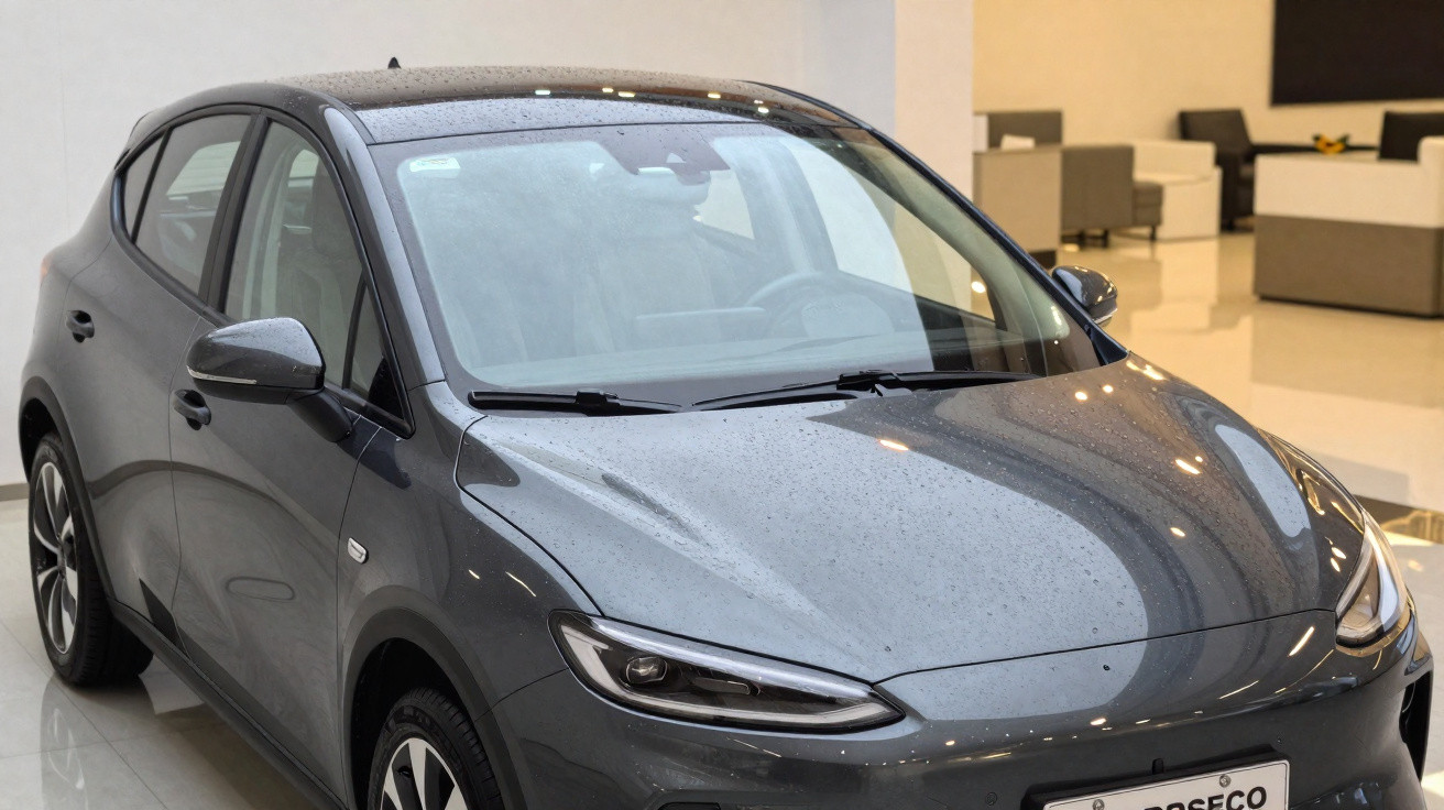 Grau-metallic Elektroauto mit Tropfen auf der Motorhaube in moderner Innenraumumgebung im Showroom.