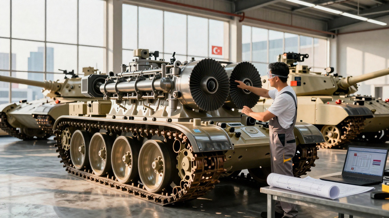 Ingenieur prüft Panzer mit zwei Turbinen in moderner Fabrikhalle neben weiteren Militärfahrzeugen.