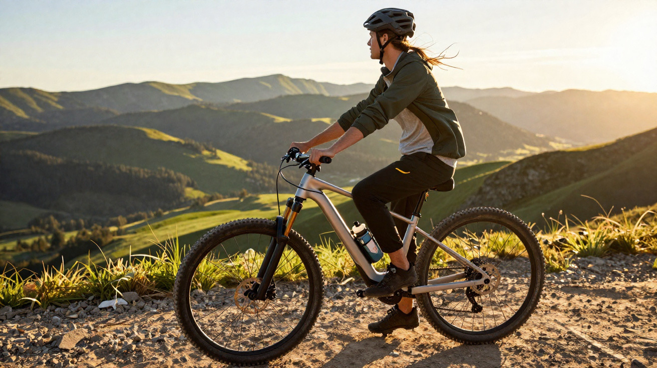 Person mit Helm auf Mountainbike fährt bei Sonnenuntergang auf einem Bergweg mit Talblick im Hintergrund.