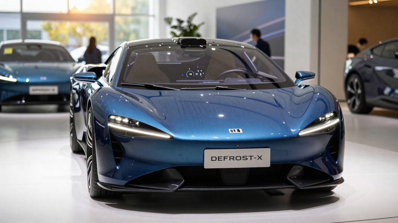 Blauer Sportwagen DEFROST-X in heller Ausstellung mit moderner LED-Beleuchtung, frontal fotografiert.