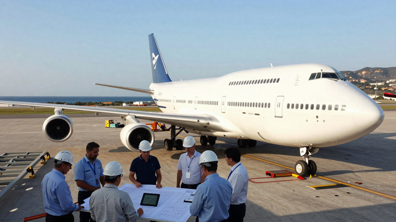 Ingenieure mit Schutzhelmen überprüfen Pläne vor einem großen weißen Flugzeug auf einem Flughafenrollfeld.
