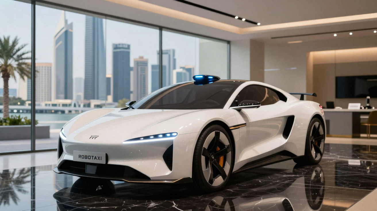Weißes Robotaxi-Sportcoupé mit futurivem Design in modernem Showroom vor Städtekulisse.