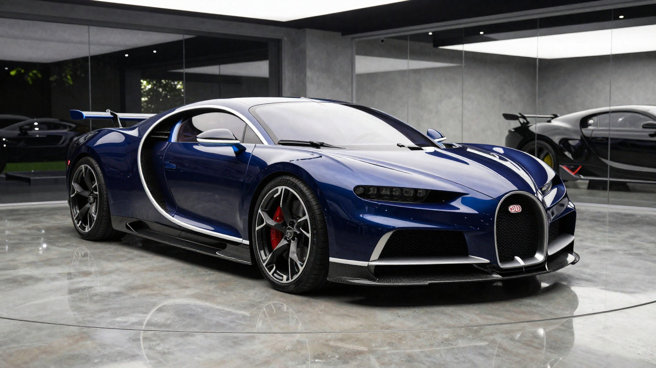 Blauer Bugatti Chiron Supersport vor Spiegelwand in modernem Showroom auf grauem Marmorfußboden.